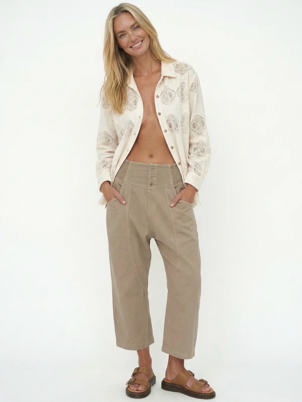 FP We The Free Lunan Crop Harem Jeans XS Meerkat Tan Pull-On Smocked Cotton EUC